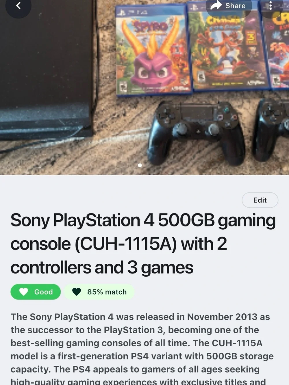 Sony PlayStation 4 Black Console with 2 PS4 Controllers and Spyro & Crash Games